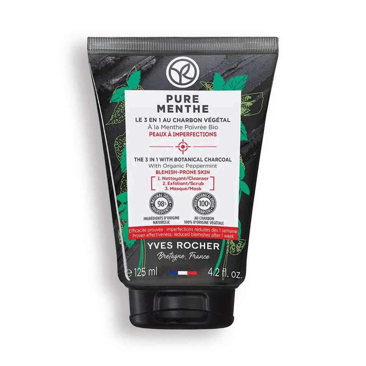 Очищающее средство 3в1 для матовости кожи с углем и мятой 125 мл